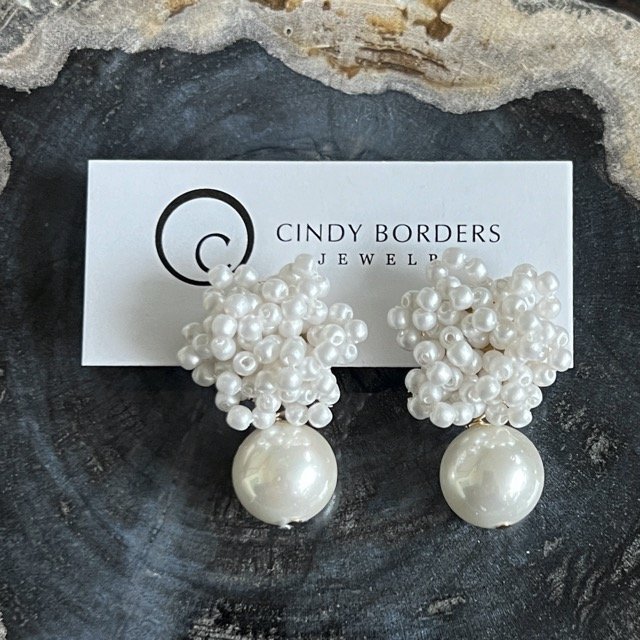 Matte White Cluster Post Earrings with White Shell Pearls