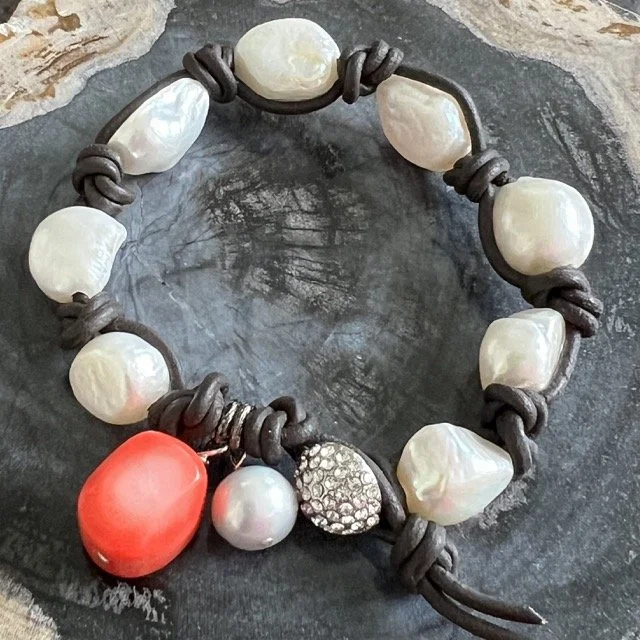 Woven Leather and White Pearl Bracelet with Coral