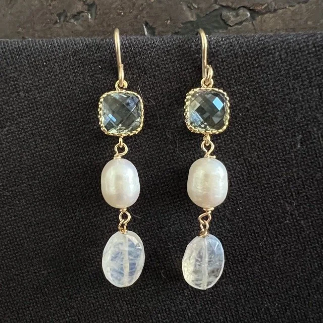 Smoky Grey Quartz Linked Pearl & Moonstone Earrings