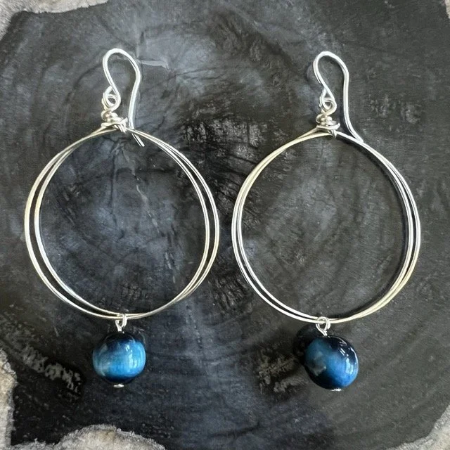 Silver Circle Earrings with Blue Tiger Eye