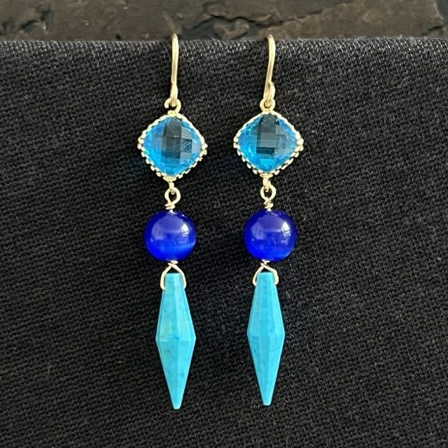 Bright Blue Quartz and Turquoise Linked Drop Earrings