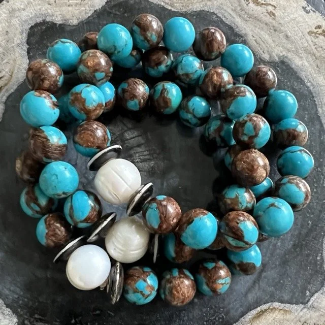 Gemstone and Pearl Stretch Bracelets with Bronzite and Turquoise