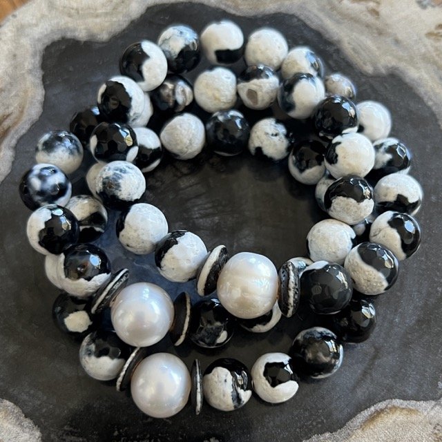 Gemstone and Pearl Stretch Bracelets with Black and White Fire Agate