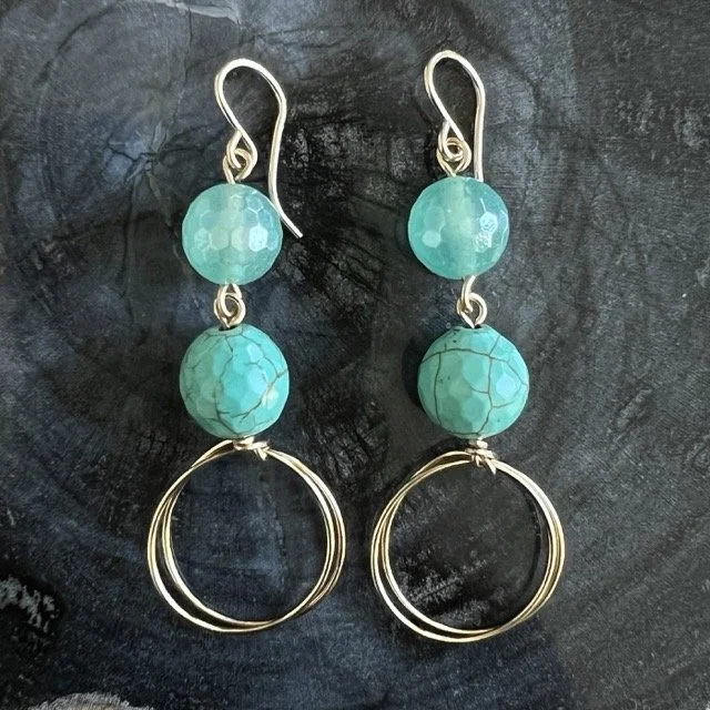 Turquoise Howlite and Coated Icy Green Jade Gold Drop Circle Earrings