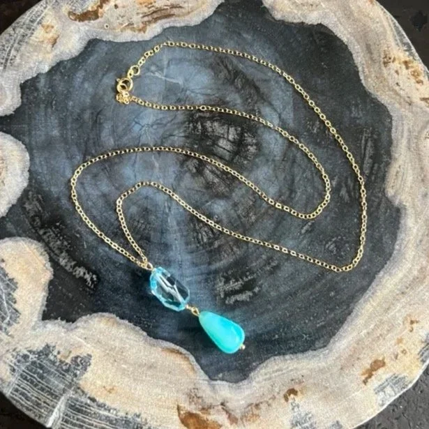 Peruvian Opal and London Blue Topaz Gold Mini Pendant Necklace