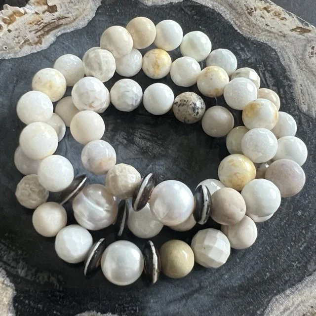 Gemstone and Pearl Stretch Bracelets with Mixed Creme Agate and Jasper