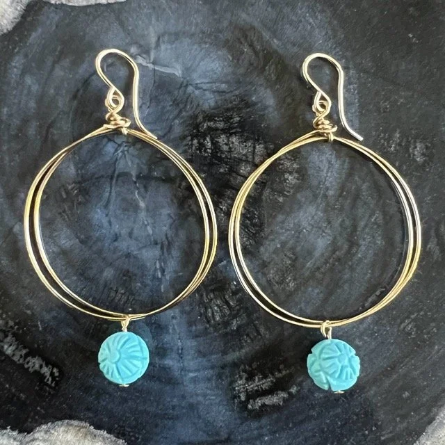 Gold Circle Earrings with Carved Sleeping Beauty Turquoise