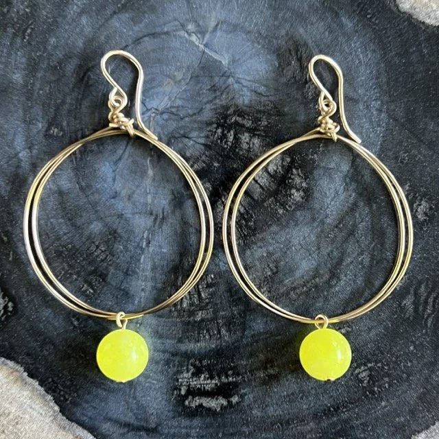 Gold Circle Earrings with Neon Yellow Jade