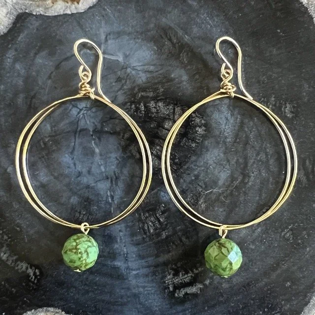 Gold Circle Earrings with Green Turquoise