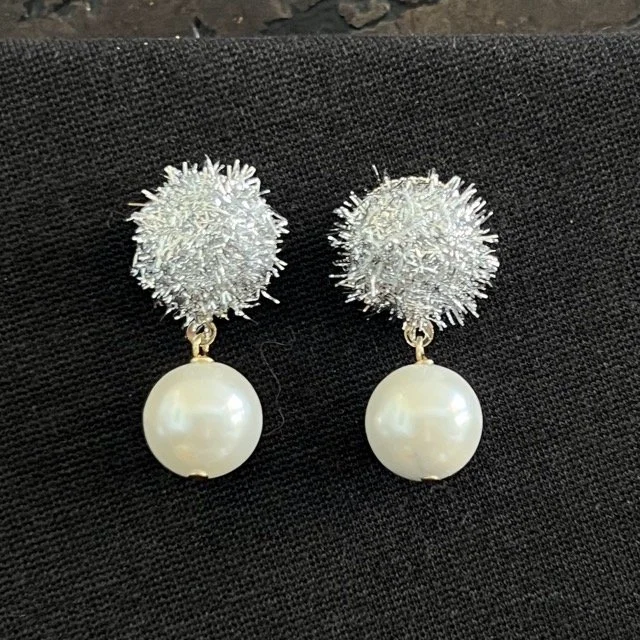 Silver Tinsel Pearl Drop Post Earrings