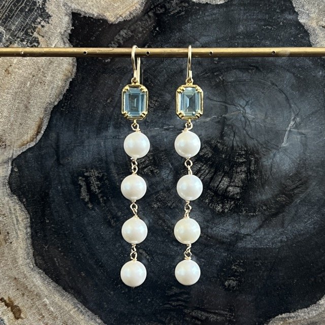 Green Quartz Linked Pearl Drop Earrings