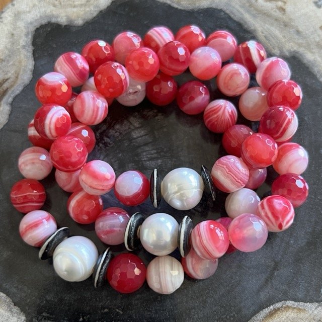 Gemstone and Pearl Stretch Bracelets with Mixed Watermelon Red and White Agate