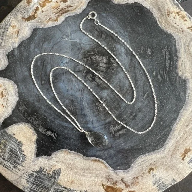 Rutilated Black Quartz Briolette Silver Mini Pendant Necklace