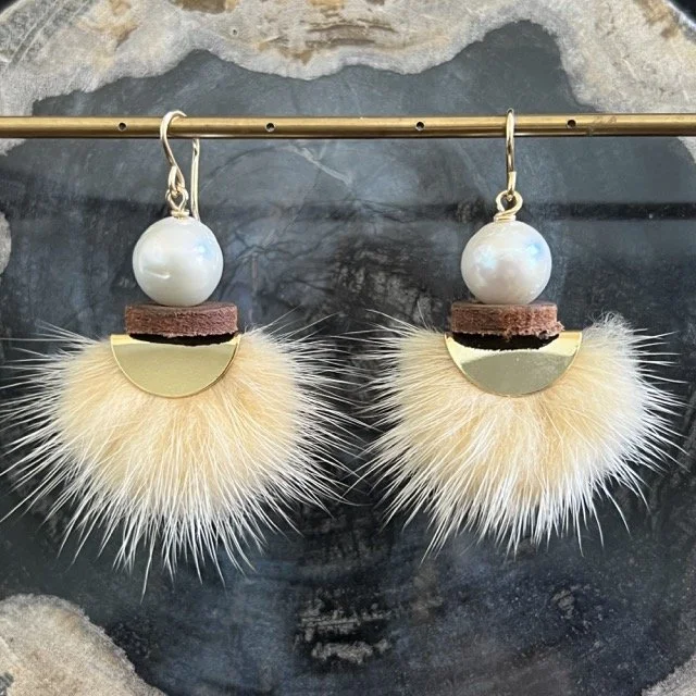 Gold Luna Golden Tan Mink Earrings with Freshwater Pearls