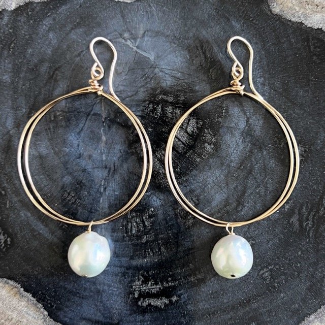 Gold Circle Earrings with Large White Baroque Pearls