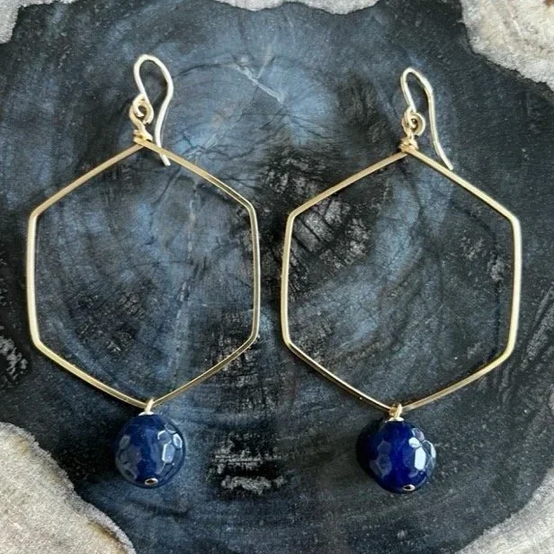 Navy Blue Sodalite Gold Hexagon Earrings