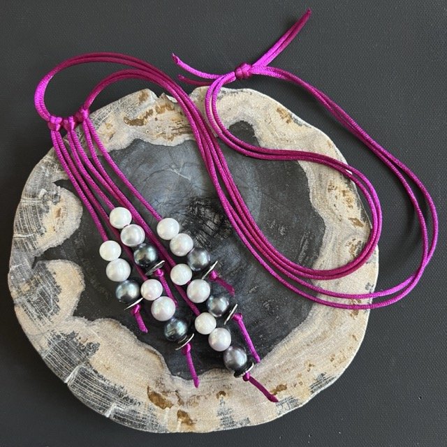 Pearl Waterfall Necklace on Vibrant Violet Silk