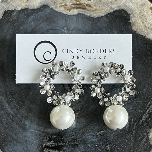 Silver Floral Wreath Earrings with Shell Pearls
