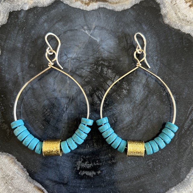 Gold Color Block Hoop Earrings-Turquoise