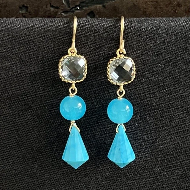 Smoky Grey Quartz Linked Turquoise Blue Earrings