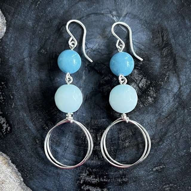 Icy Blue Jade Silver Drop Circle Earrings