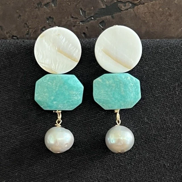 Mother of Pearl Post Earrings with Amazonite and Grey Pearls