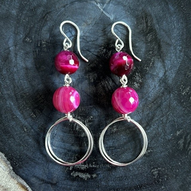 Shades of Pink Silver Drop Circle Earrings