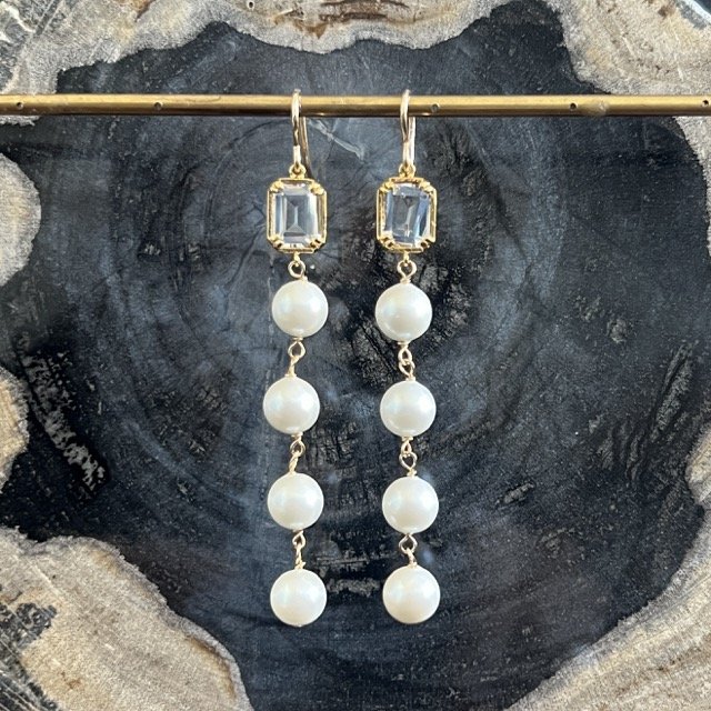 Clear Quartz Linked Pearl Drop Earrings