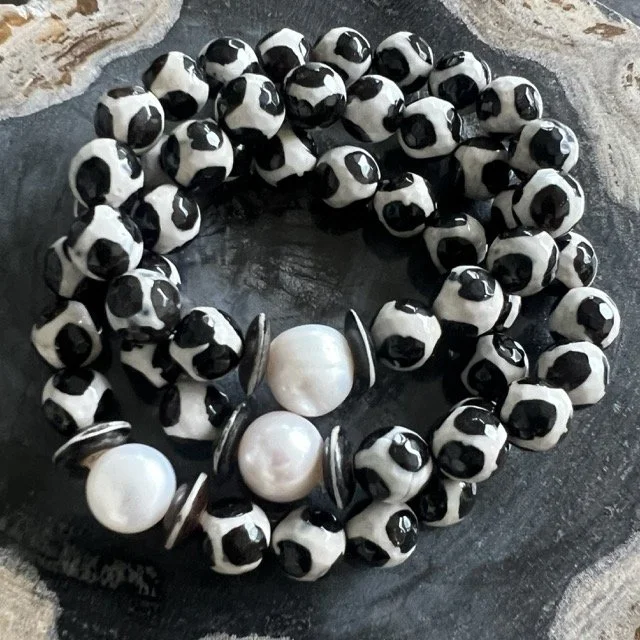 Gemstone and Pearl Stretch Bracelets with Black and White Tibetan Agate