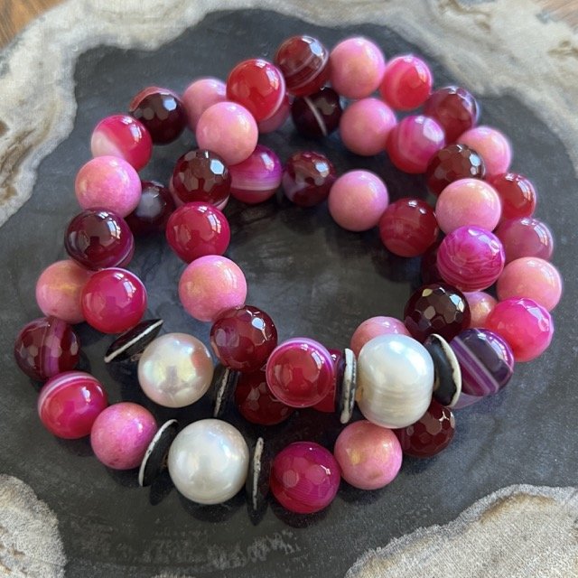 Gemstone Stretch Bracelets with Mixed Berry Agate and Jade