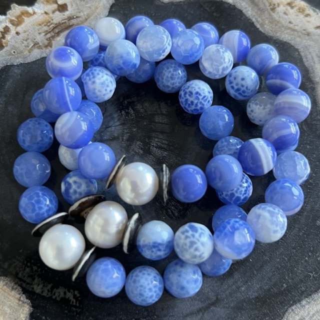 Gemstone and Pearl Stretch Bracelets with Vibrant Blue Gemstones