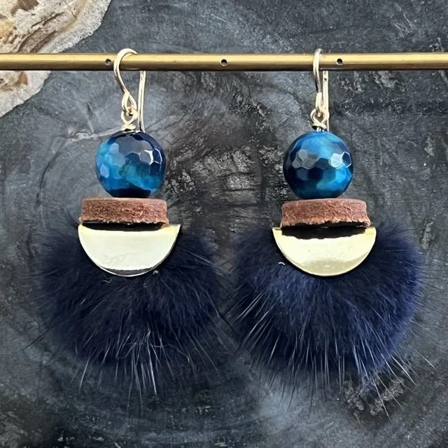 Gold Luna Navy Mink Earrings with Kingfisher Tiger Eye
