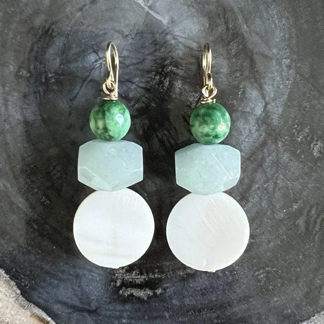 Statement Earrings with Green Jade, Aquamarine and Mother of Pearl