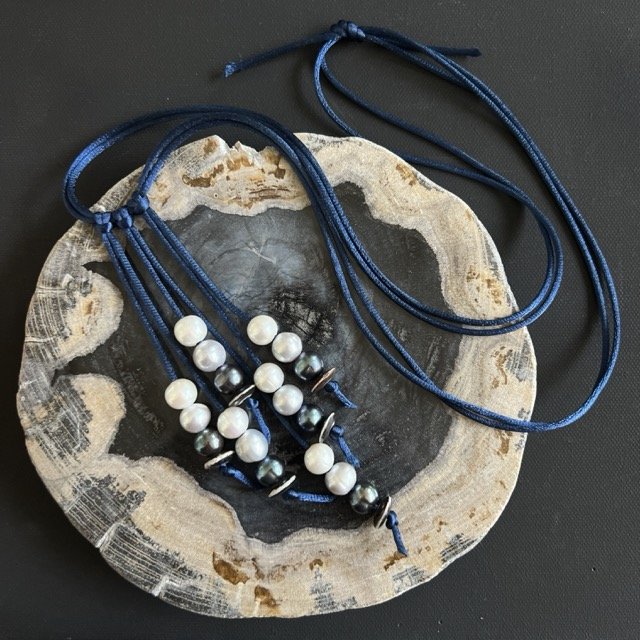 Pearl Waterfall Necklace on Navy Silk
