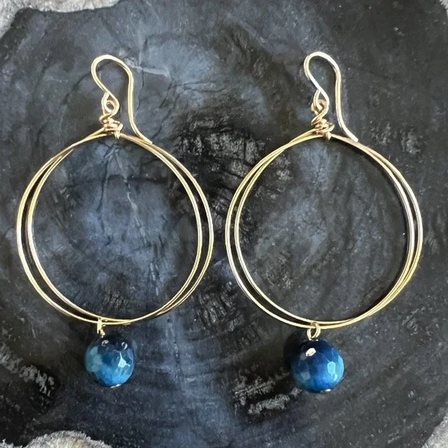 Gold Circle Earrings with Kingfisher Tiger Eye