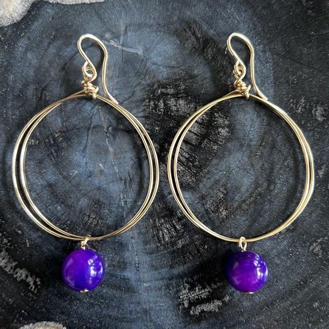 Gold Circle Earrings with Bright Purple Jade