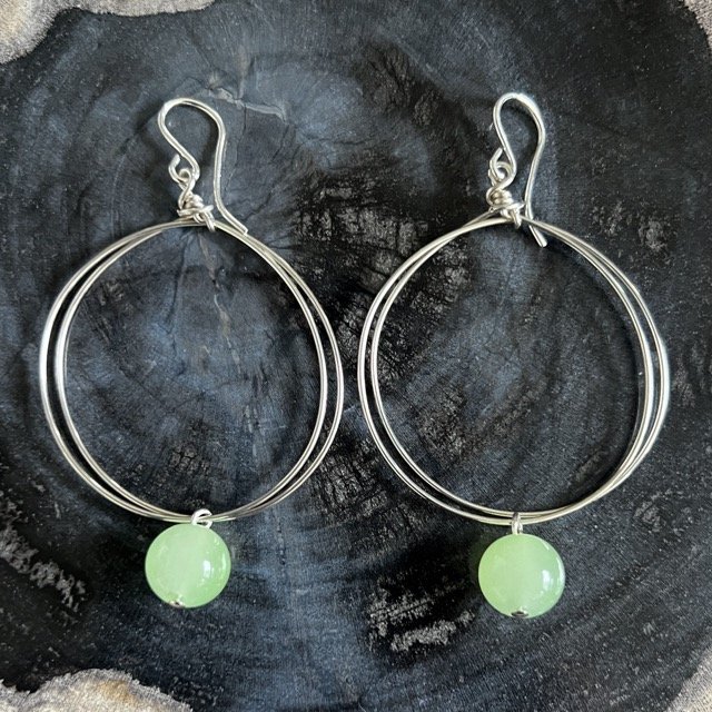 Silver Circle Earrings with Ice Green Jade