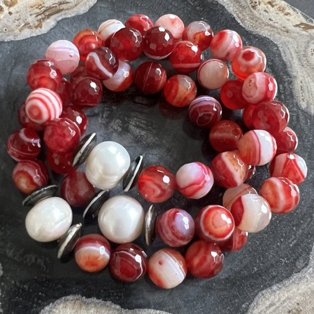 Gemstone and Pearl Stretch Bracelets with Striped Maroon Red Agate
