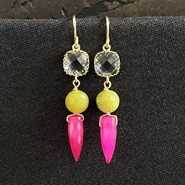 Smoky Grey Quartz Linked Pink & Olive Drop Earrings