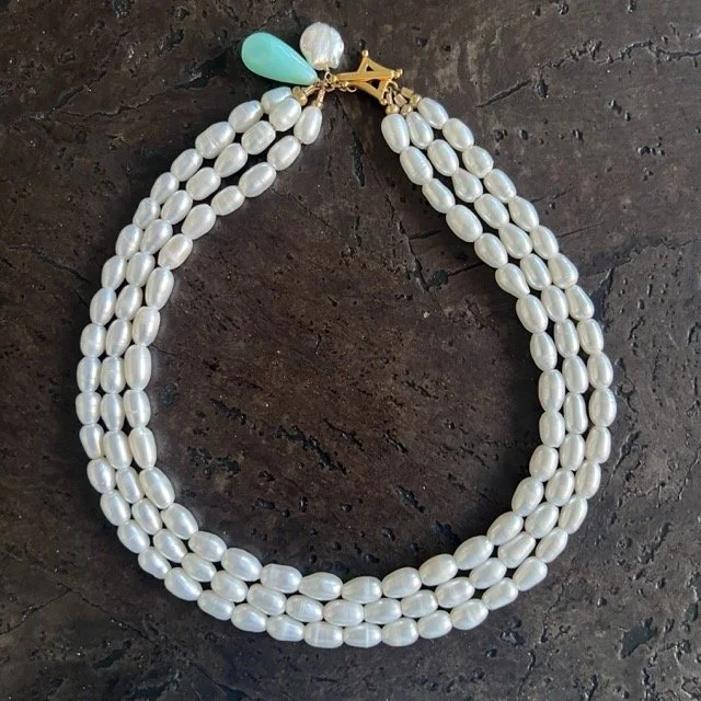 Triple Strand White Rice Pearl Necklace