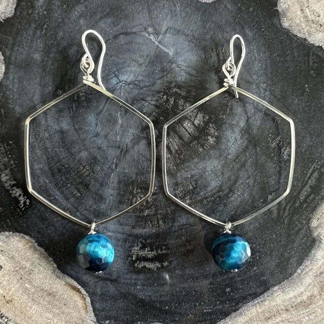 Kingfisher Blue Tiger Eye Silver Hexagon Earrings