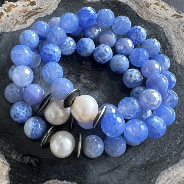 Gemstone and Pearl Stretch Bracelets with Vibrant Blue Gemstones