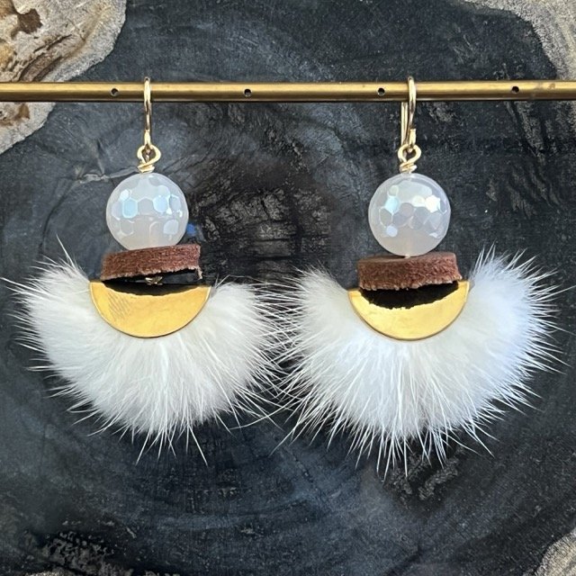 Gold Luna White Mink Earrings with Winter White Coated Agate