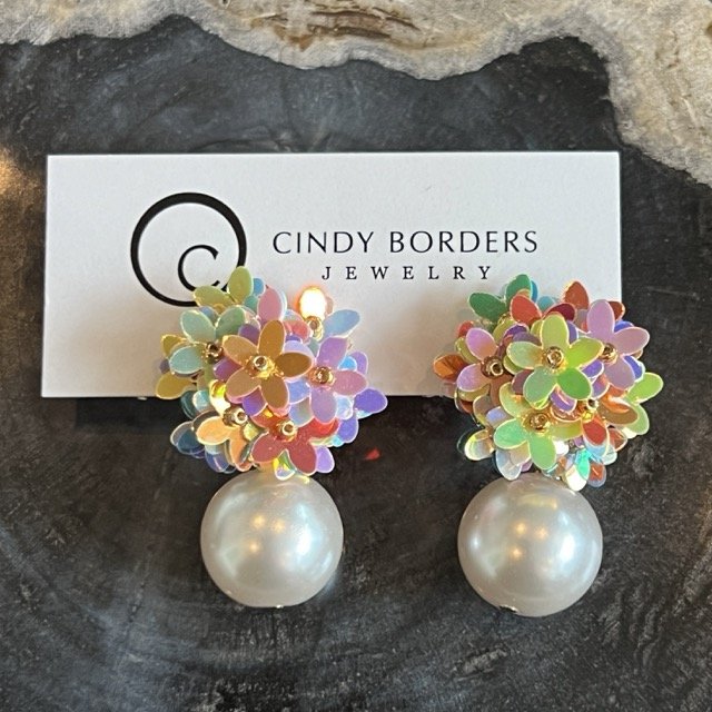 Multicolored Pink Sequin Flower Cluster Earrings with Shell Pearls