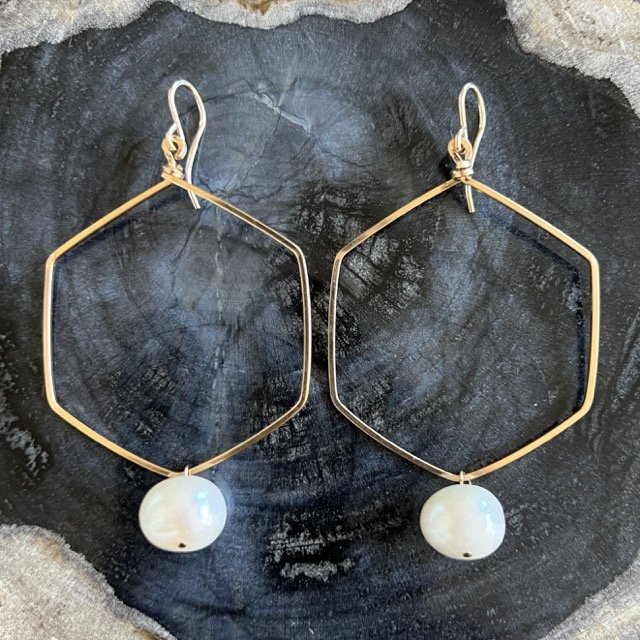 White Pearl Gold Hexagon Earrings