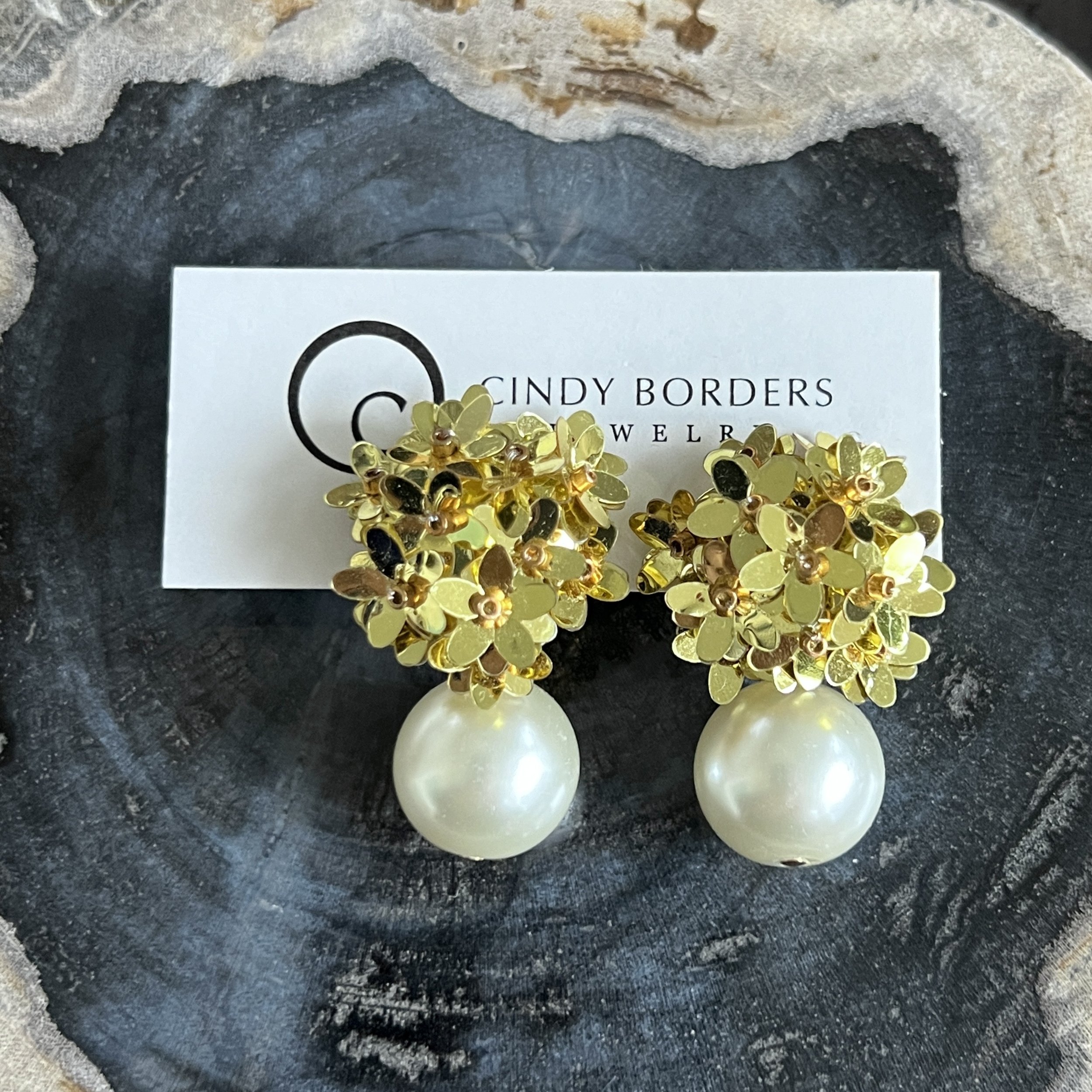 Gold Sequin Flower Cluster Earrings with White Shell Pearls