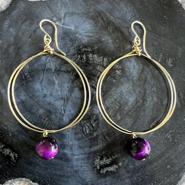 Gold Circle Earrings with Purple Tiger Eye