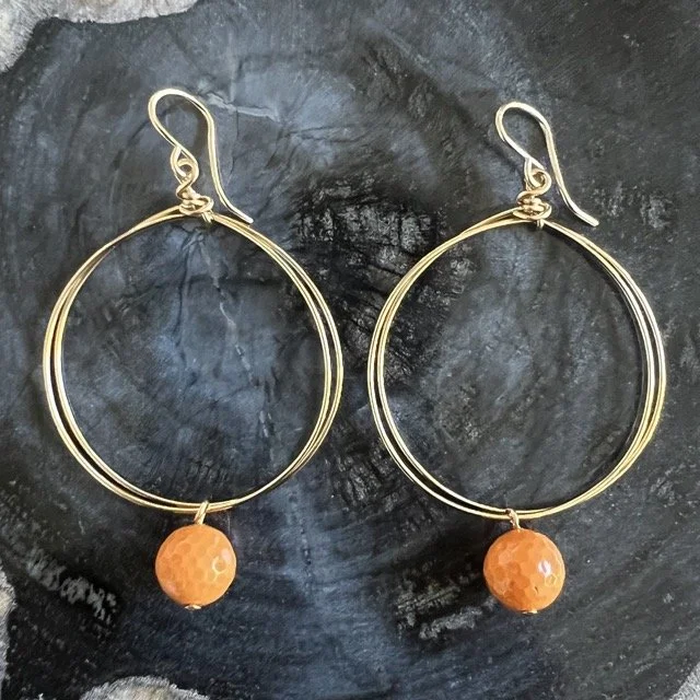 Gold Circle Earrings with Coral Orange Mother of Pearl
