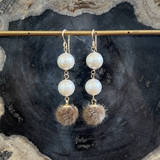 Camel Faux Fur & Shell Pearl Drop Earrings