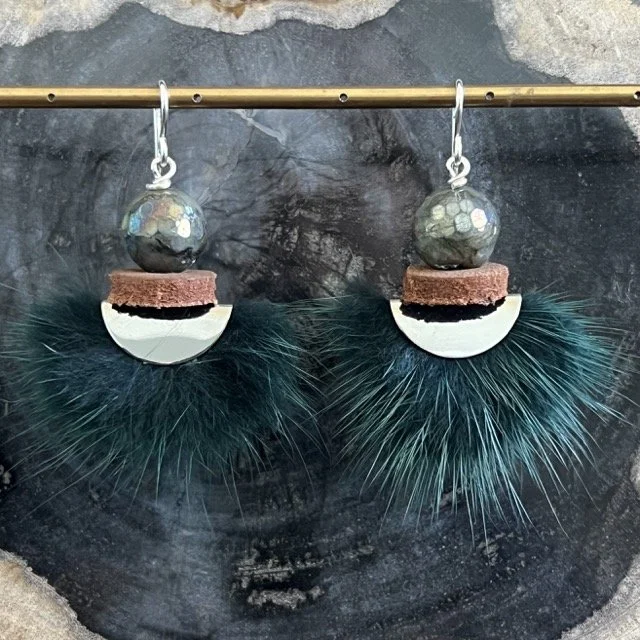 Silver Luna Pine Green Mink Earrings with Labradorite